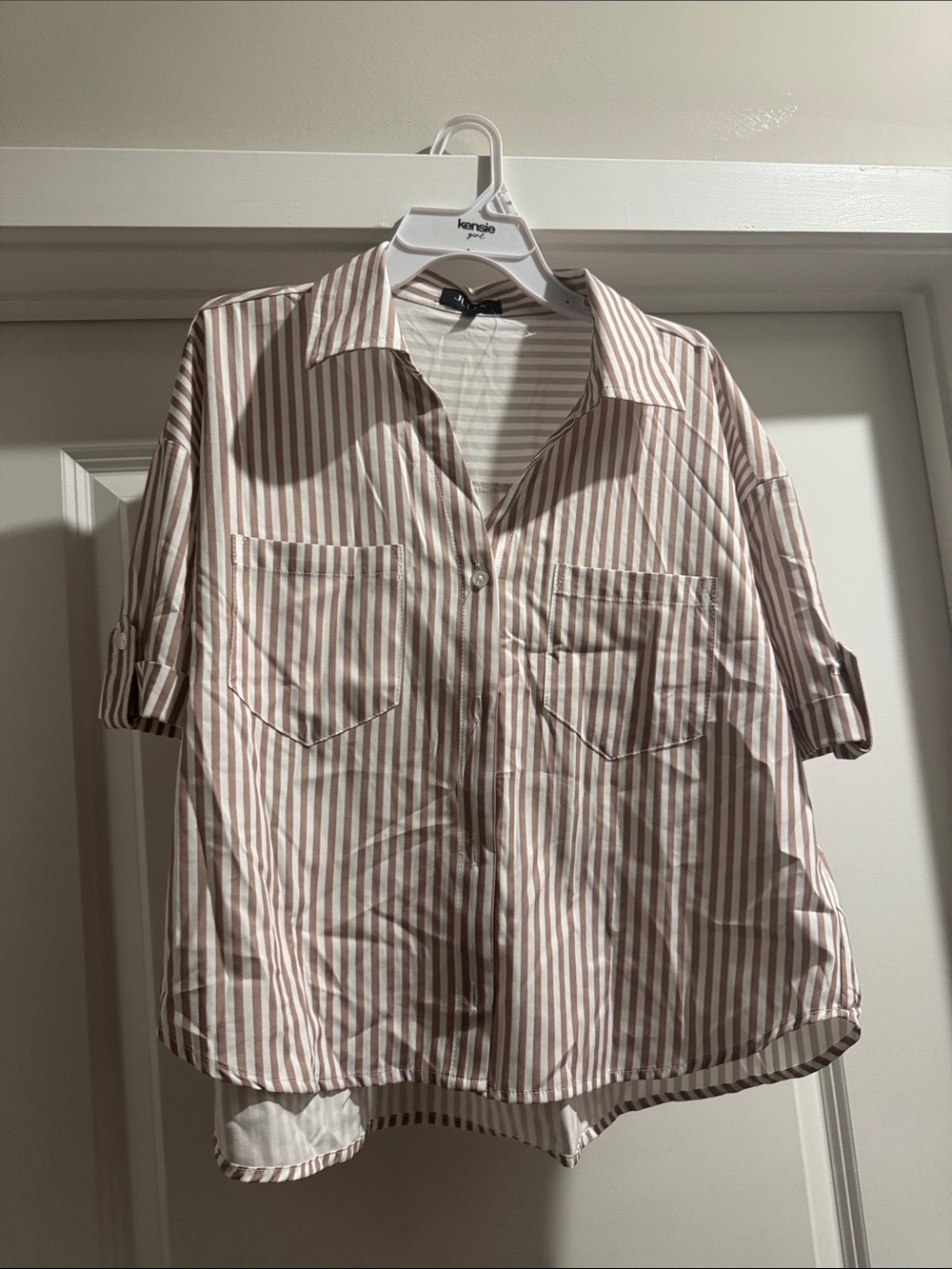 Relaxed Striped Button-Down Shirt in Light Brown and White